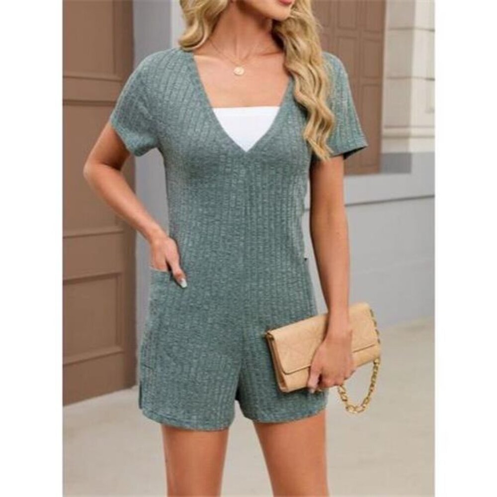 Casual Ribbed Knit V-Neck Romper